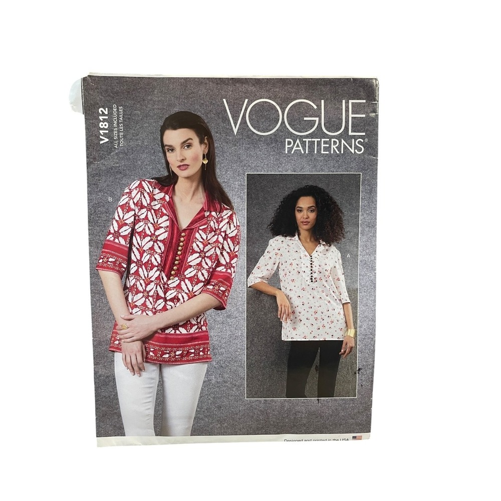 Vogue Sewing Pattern V1812 Women XS-XXL White Tunic Blouse Notch Collar Uncut